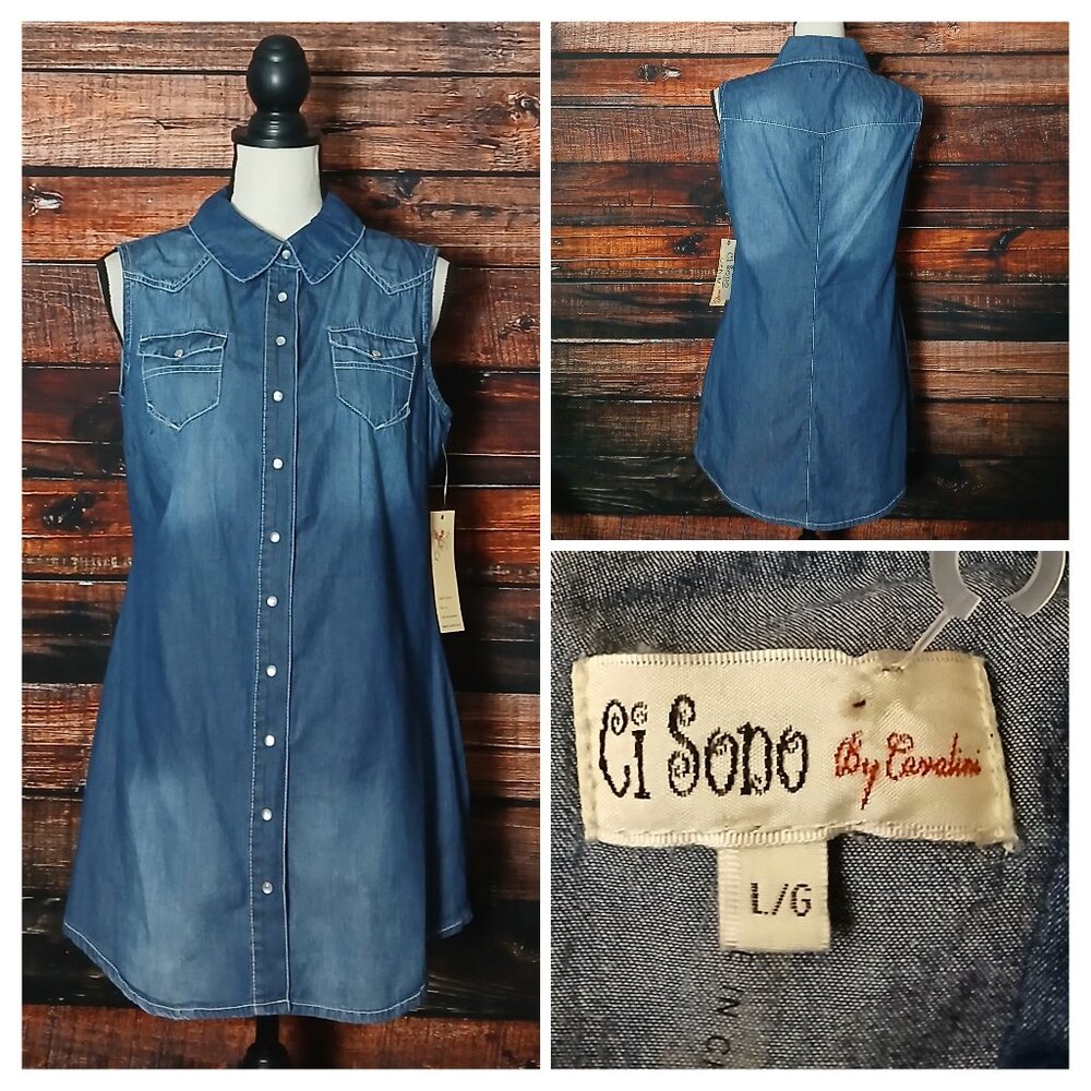 NWT Ci Sono Tunic Top L Blue Chambray Denim Snap Front Garment Dyed 100% Cotton